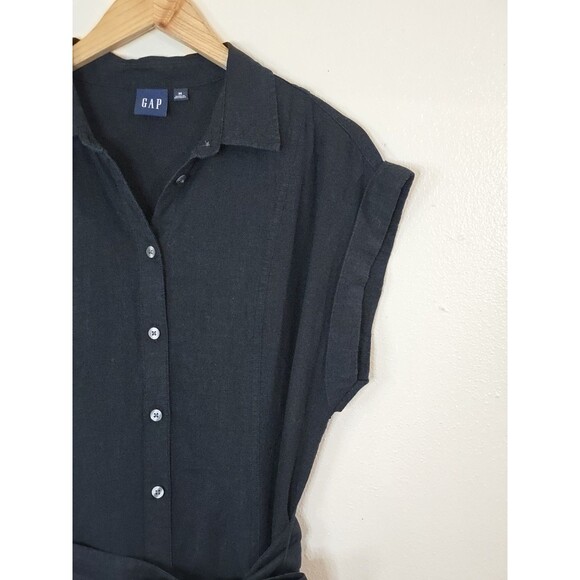 Gap Black Linen Belted Midi Shirt Dress Womens Size Medium Button Down - Picture 3 of 12
